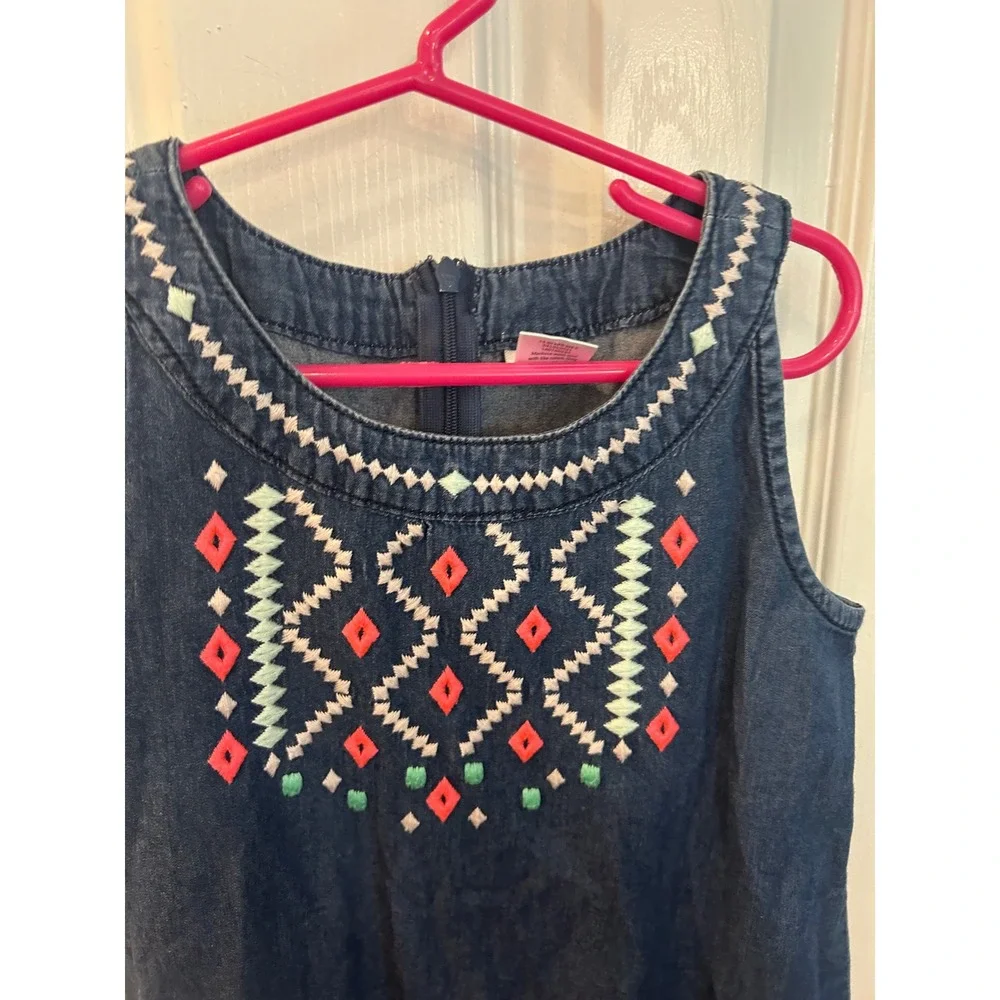 Gymboree Denim Dress Blue Embroidered Geometric Sleeveless Cotton Shift Bin A